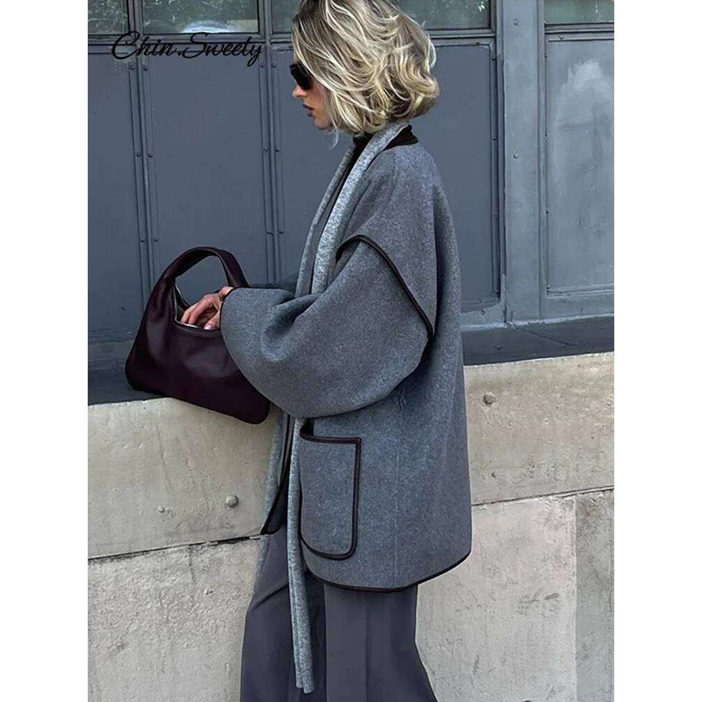 Elegant Patchwork Belt Women's Coats Women Contrast V-neck Long Sleeve Pocket Female Overcoats 2024 Autumn Lady New in Outwear