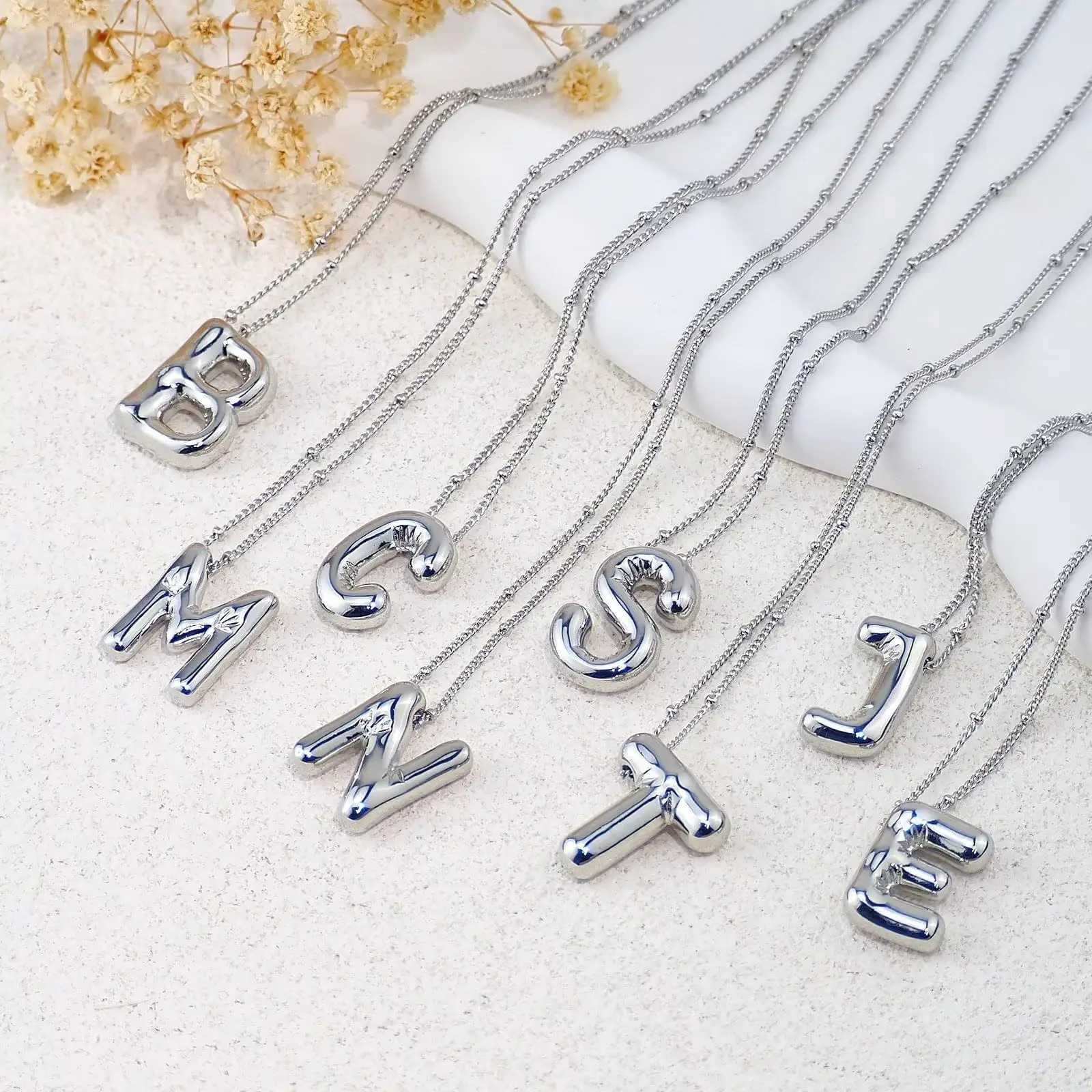 Party Balloon Bubble Alphabet Letter Pendant Necklaces for Women Silver Color Stainless Steel Initials Name Customized Jewelry W250618