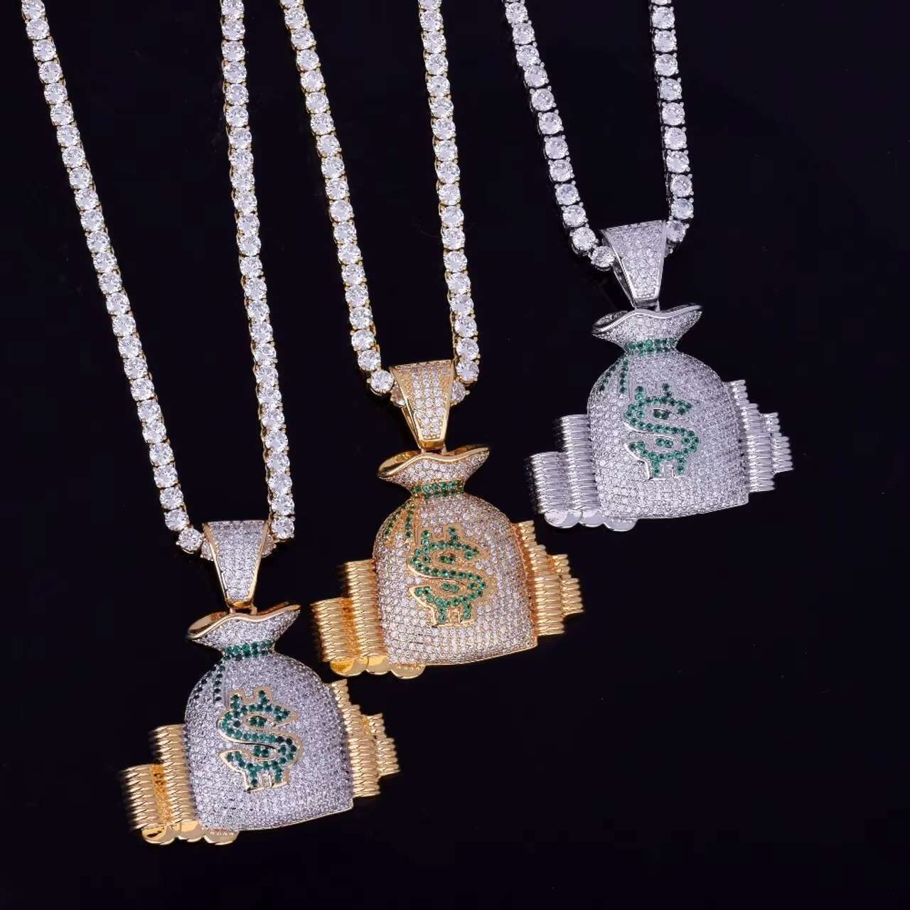 Hip Hop Style 18K Gold Silver Moissanite Money Bag Pendant with Stack Cash Coins Mens Womens Jewelry