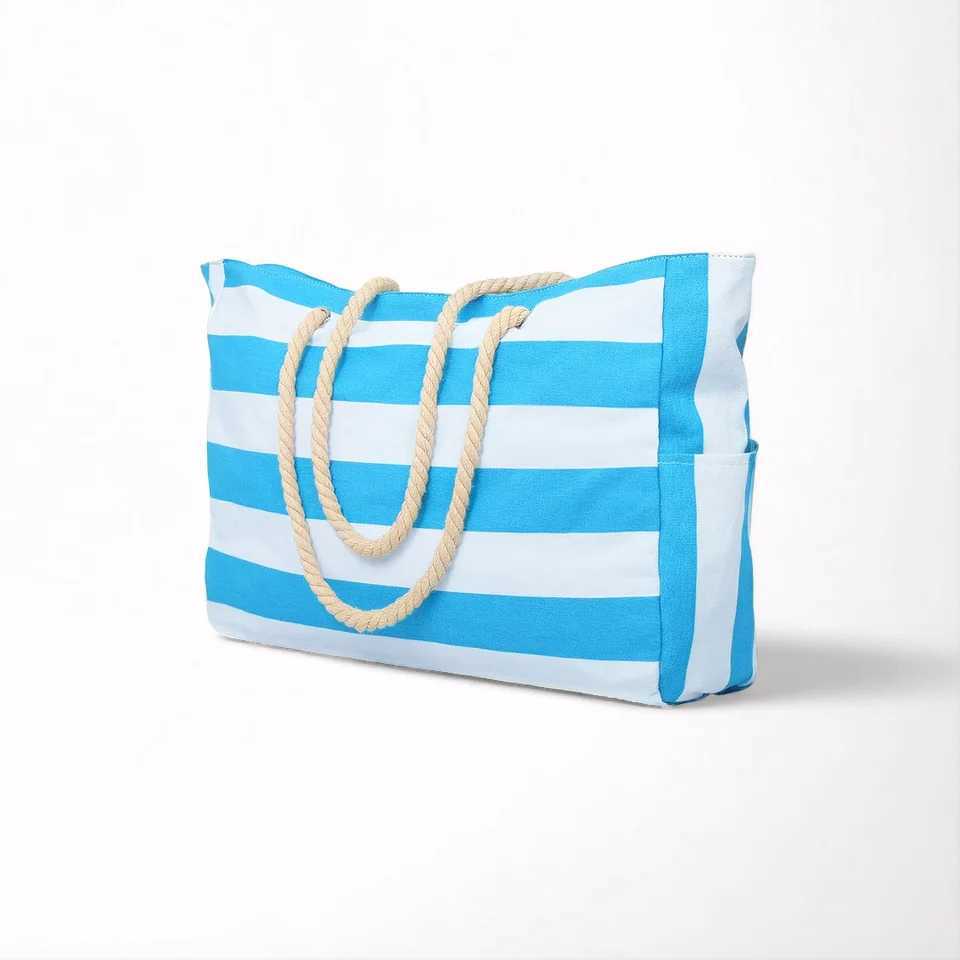 Large Capacity Stripe Tote Bag Waterproof and Sand-proof Canvas Convenient Foldable Beach Bag Perfect for Travel Beach Play B250618