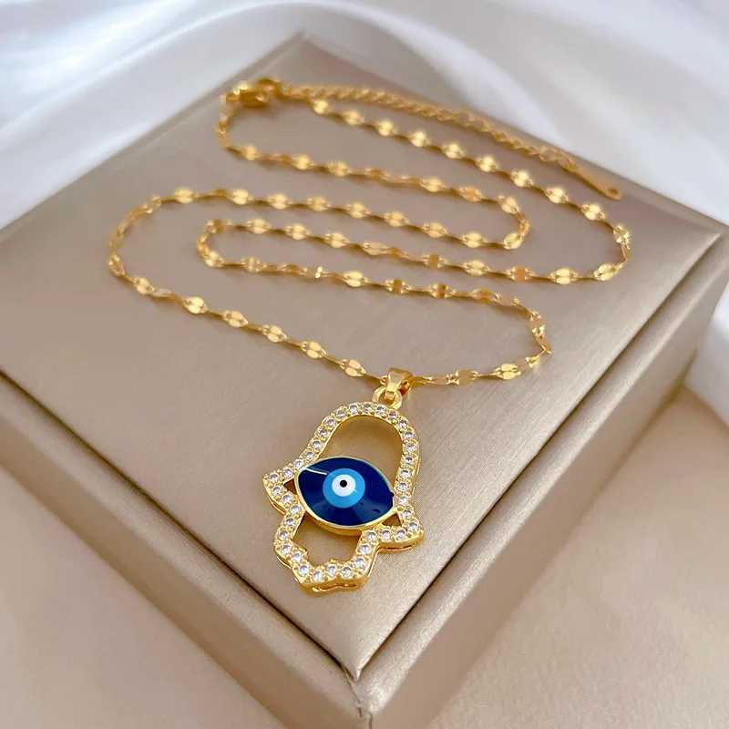 Cubic Zircon Blue Turkish Demon Eye Hamasa Hand Stainless Steel Hand of Fatima Necklace Women Jewelry collares mujer W250618
