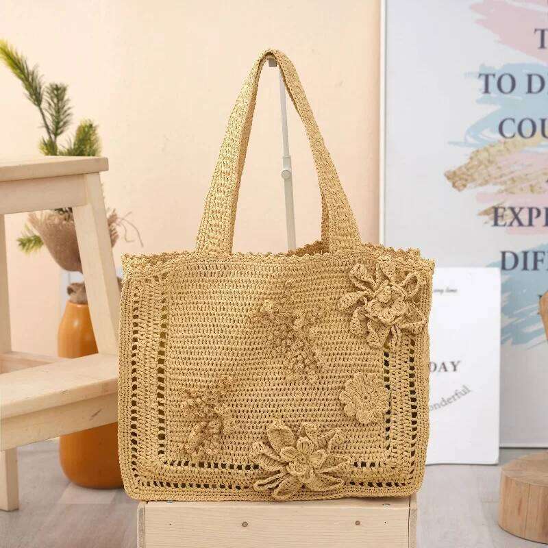 2025 Fashion Handmade Knitted Tote Bag New Women's Hollow Out 3D Flower Design Casual PP Grass Handbags Beach Vacation Essential