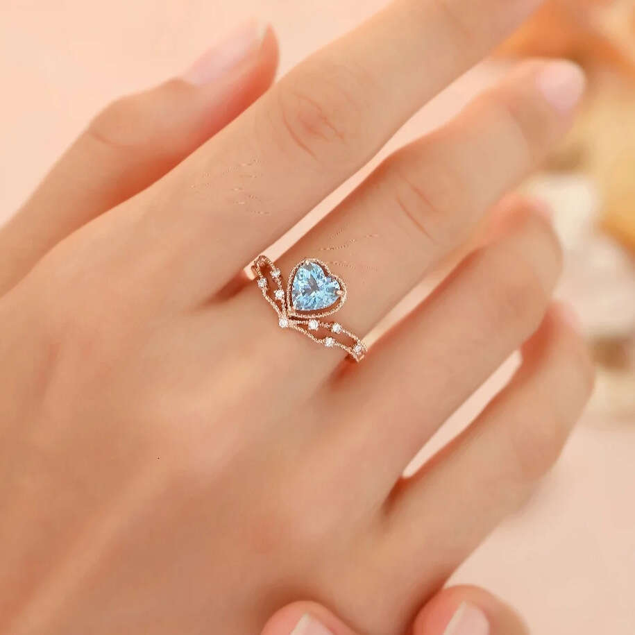 Trendy Live Streaming New High Imitation Blue Tourmaline Heart-shaped Simple Elegant Champagne Gold Plated Light Luxury Open Ring for Women