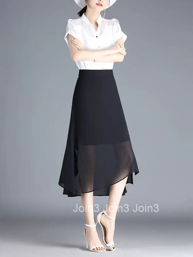 With Slit Woman Skirt Chiffon Midi High Waist Black New in Clothing Trend 2025 Quality Stylish Harajuku Summer Skirts for Women