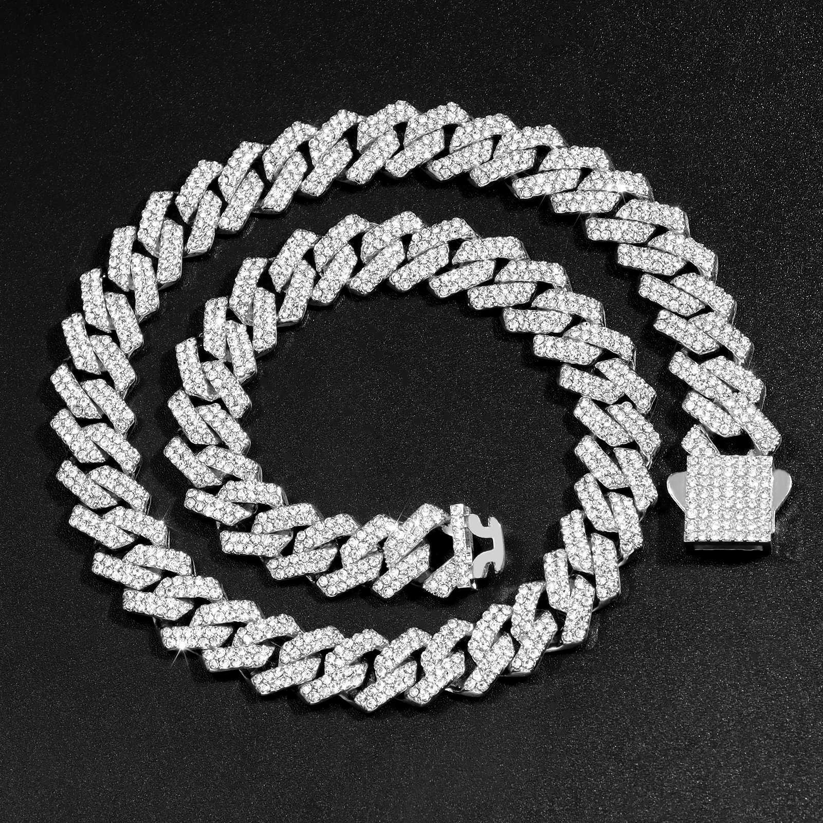 Iced Out Cuban Link Chain 14MM Prong Rhombus Diamond Cuban Chain Hip Hop Choker Necklaces Women Men Jewelry Wholesale W250618