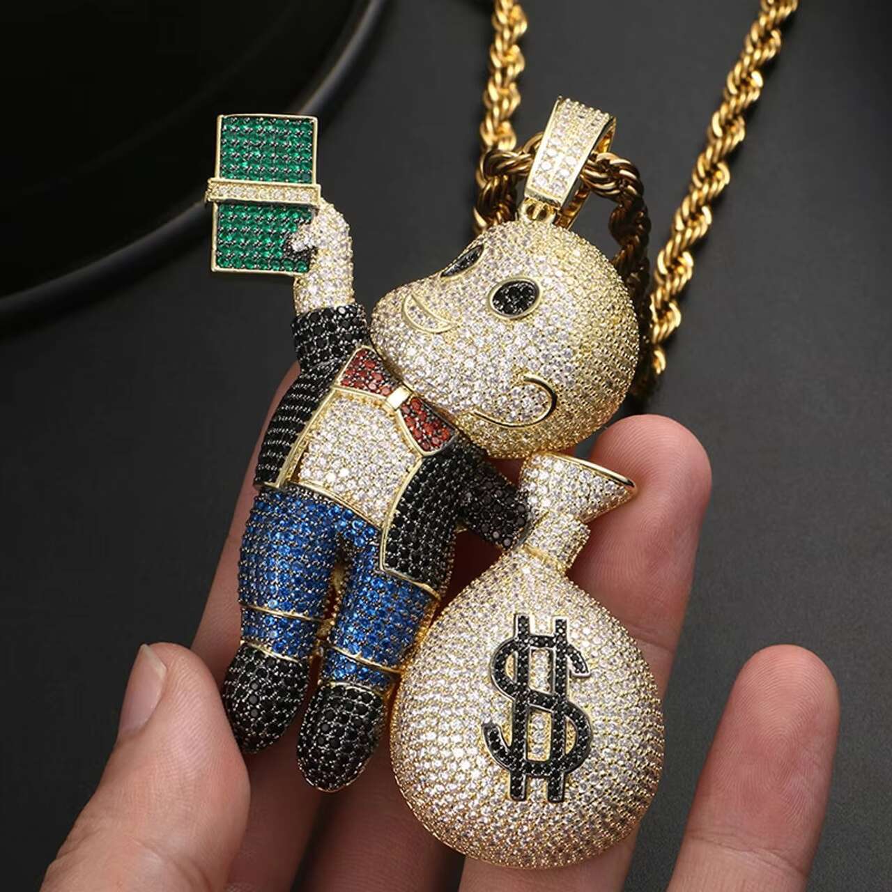 Casper 14k Gold 925 Silver Moissanite Money Bag Pendant with Dollar Sign Hip Hop Style Jewelry for Men and Women