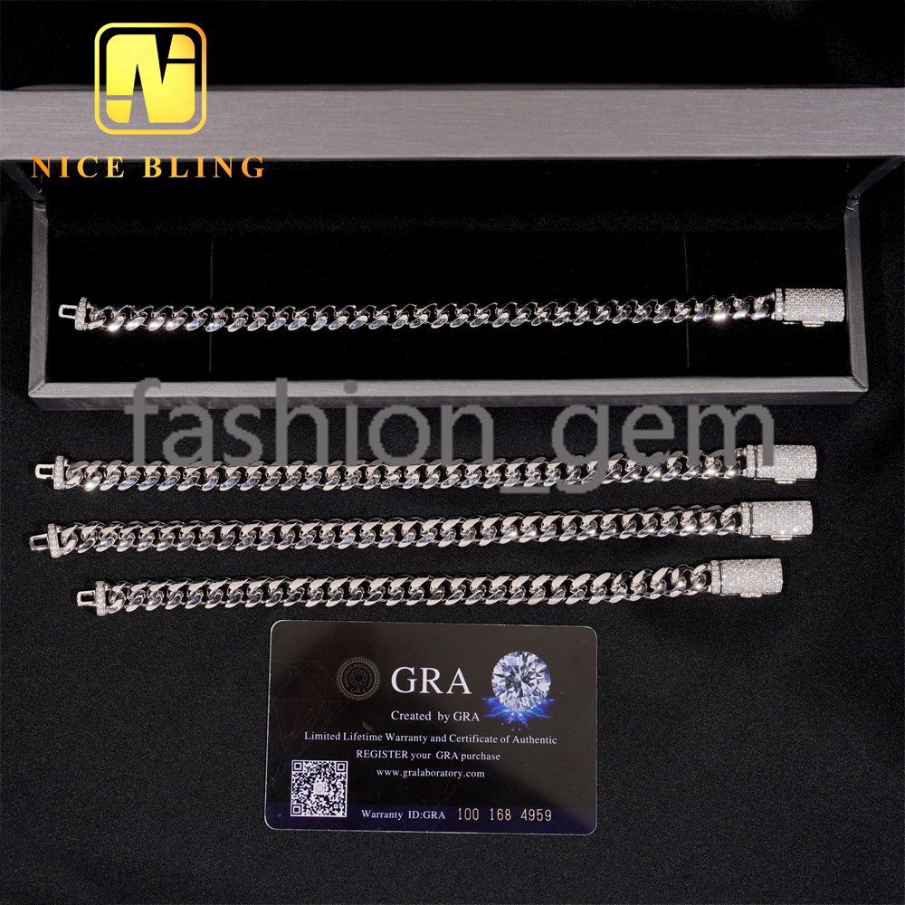 Moissanite Clasp Pain Miami Cuban Links 8MM Iced Out Diamond Lock 925 Silver Cuban Chain Necklace Bracelet