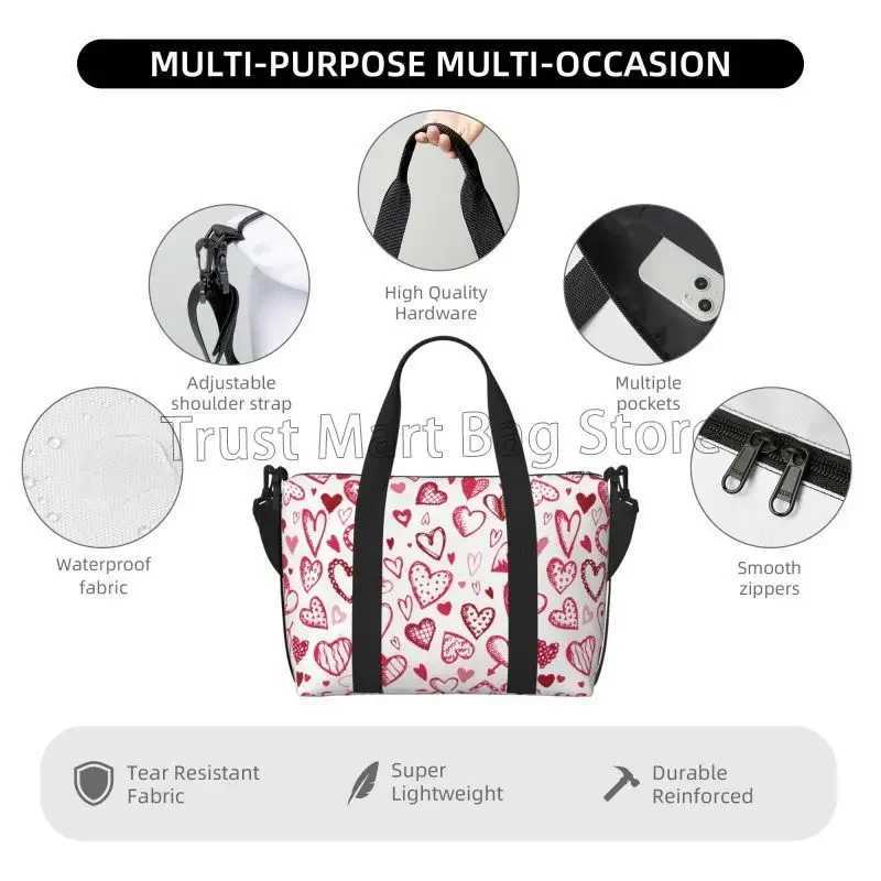 Red Love Hearts Pattern Travel Duffel Bag for Women Workout Weekender Overnight Bags Large Capacity Waterproof Luggage Handbag W250618