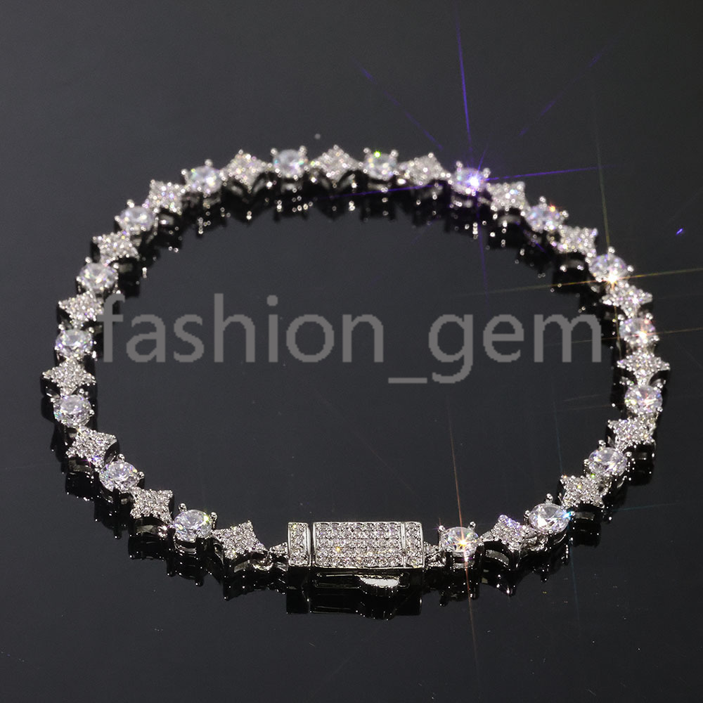 Hiphop Custom Star Shape Round Cut Shiny VVS Moissanite Chain 6mm 925 Sterling Silver Tennis Chain Womens Fine Jewelry