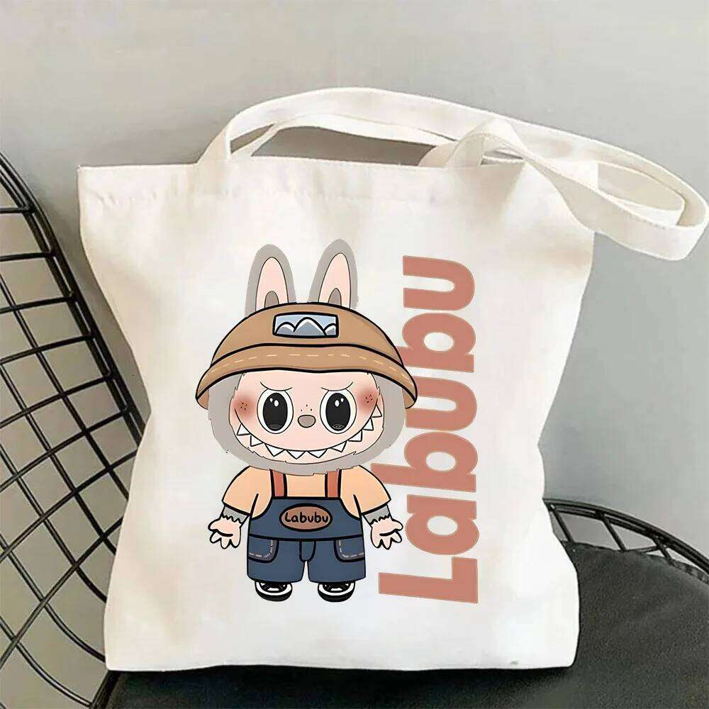Women's Cute Canvas Tote Reusable Cotton For Lunch Shopping And Beach, LABUBU Cartoon Pattern Shoulder Bag