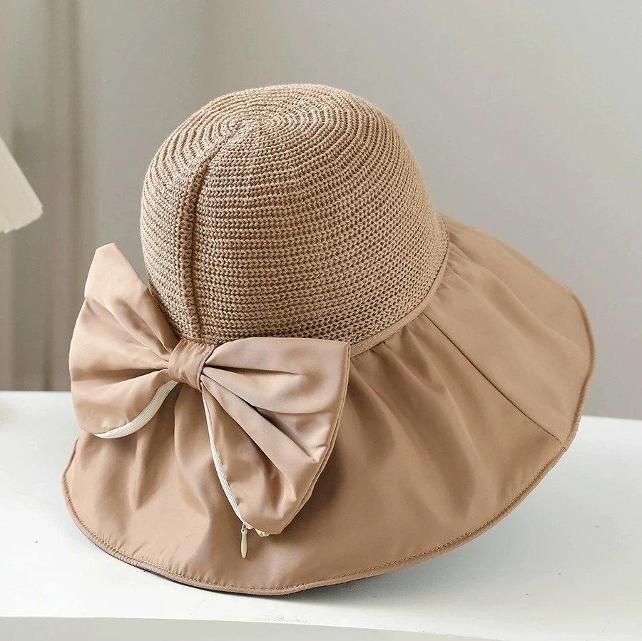 UPF 50+ Black Coating & Bow Sun Hat Women Summer Outdoor Sun Protection Wide Brim Hat Foldable Bucket Hat Beach Cap Fold Fisherman Cap Quick Dry Straw
