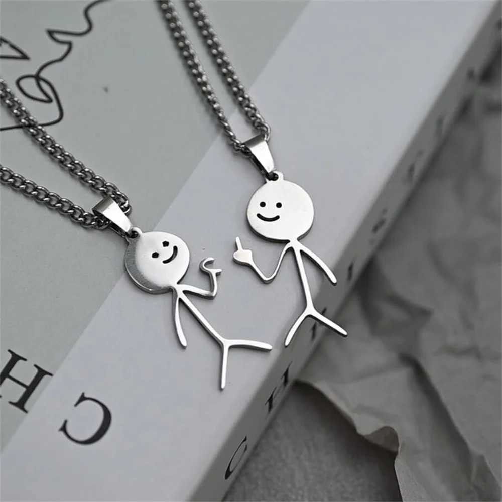 2025 Funny Middle Finger Stickman Necklace For Women Men Trend Titanium Steel Heart Pendant Chain Love Jewelry Couple Party Gift W250618