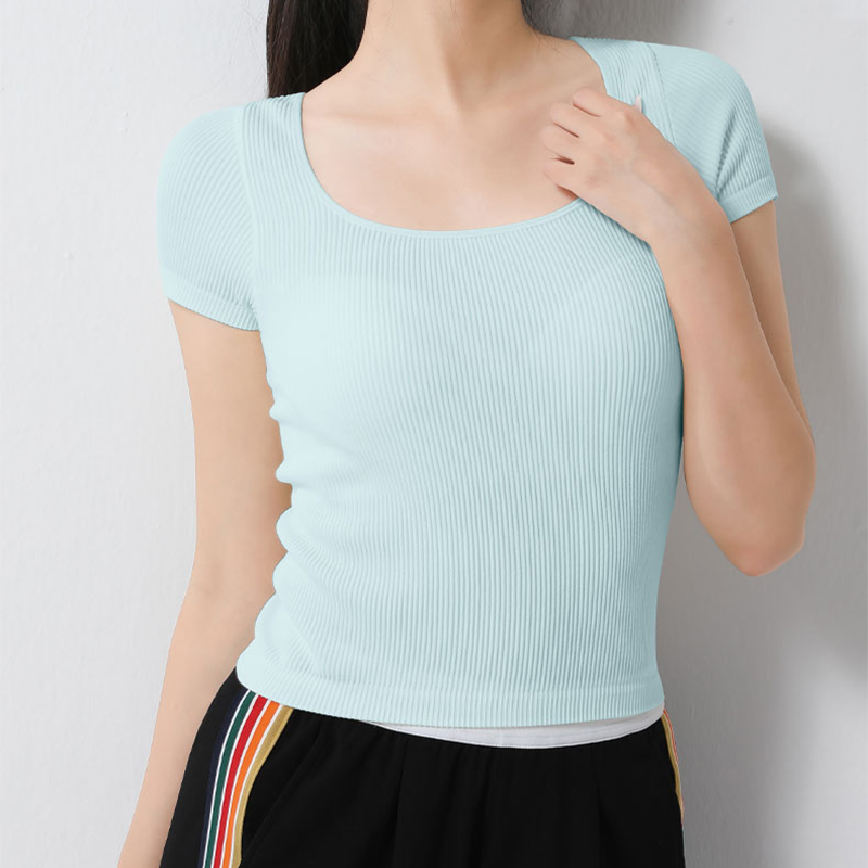 Figure-Hugging Womens Short Sleeve Tee Square Neck Bra Style With Integrated Cushioning for Comfortable Fit