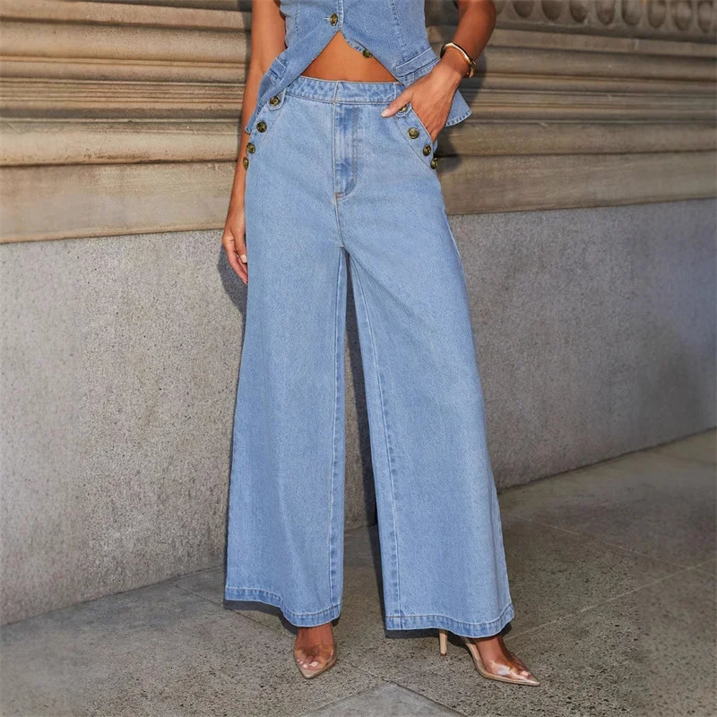 Vintage High Street Denim Suits Women Sleeveless Button Slim Fit Comfortable Vest Wide leg jeans Female Two Piece Pant Sets 250617