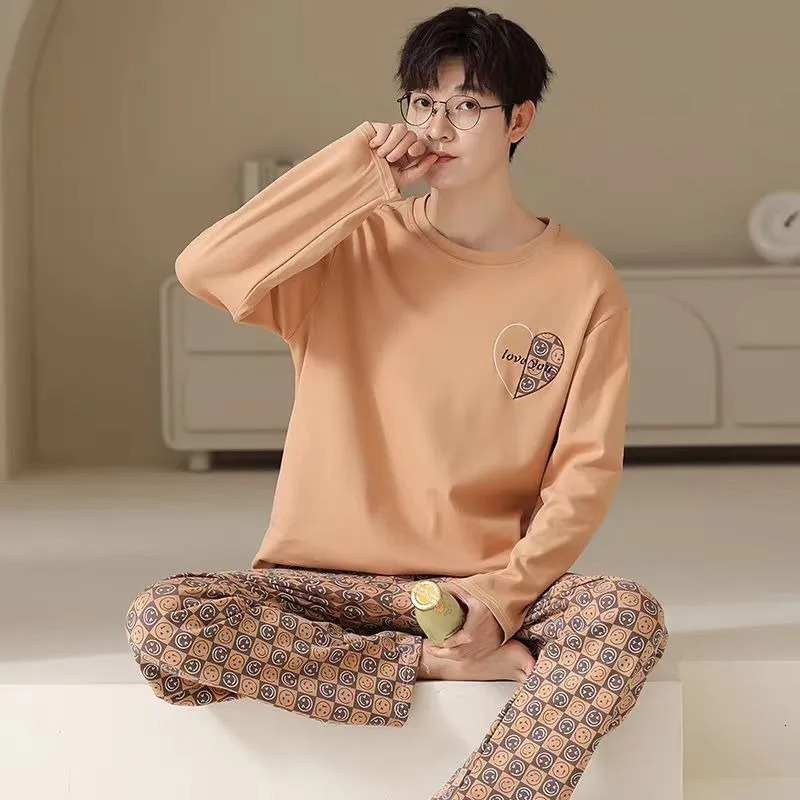 Men Pajama Set Simple Loose Breathable Cotton Pajamas Round Neck Student Loungewear Plaid Striped Trousers Can Be Worn Outside 250618