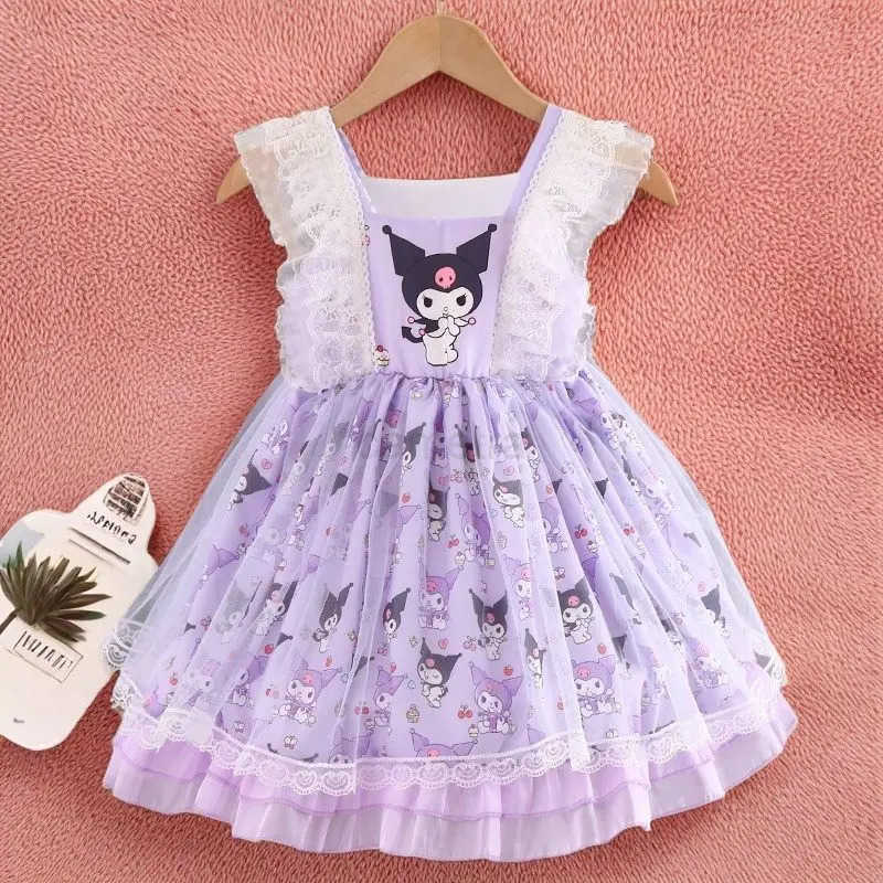 Sanrio Sanrio Kuromi Anime Peripherals Cartoon Character Girl Dress Kawaii Childrens Short Sleeve Puff Lolita Princess Skirt WholesaleXJ250618