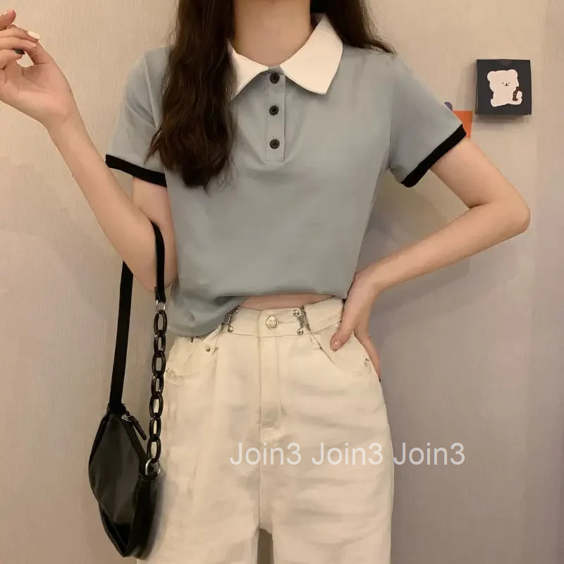 Slim Polo Neck T Shirt for Women Summer Outfit Woman Tshirt Womens Short Sleeve T-shirt Korean Clothing Polyester Trend 2025 In