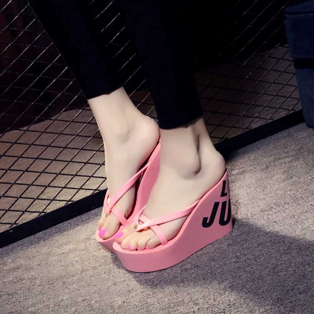 Womens Flip Flops Summer Outdoor Rubber Non-Slip Sandals with Sloping Heels Fashionable High Heels Beach Slippers Women Shoes M250618