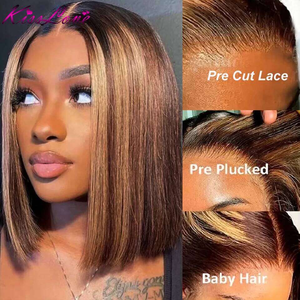 Wear And Go Glueless Human Hair Wig Straight Highlight Short Bob 5x5 Cut Front Pre Plucked 4x4 Lace Closure Wigs
