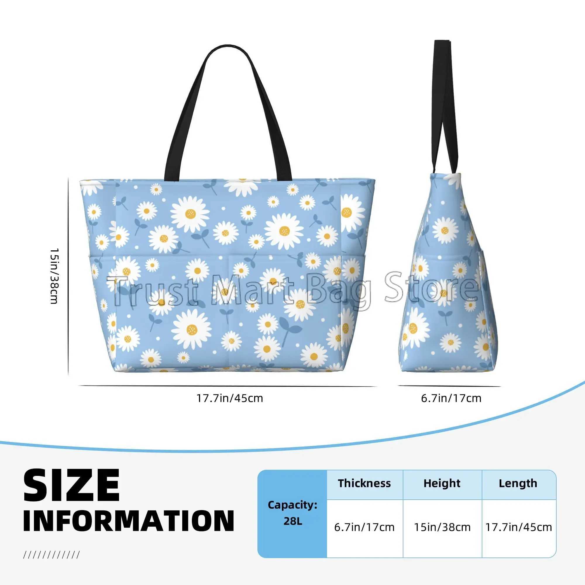 Daisy Floral Large Beach Tote Bag Waterproof Sandproof Zipper Beach Tote Bags for Pool Swim Gym Grocery Travel B250618
