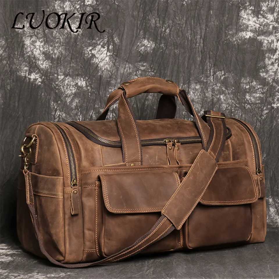 LUOKIR New Crazy Horse Leather Tote Luggage Bag Genuine Leather Mens Shoulder Crossbody Bag Short Trip Cowhide Travel Bag W250618