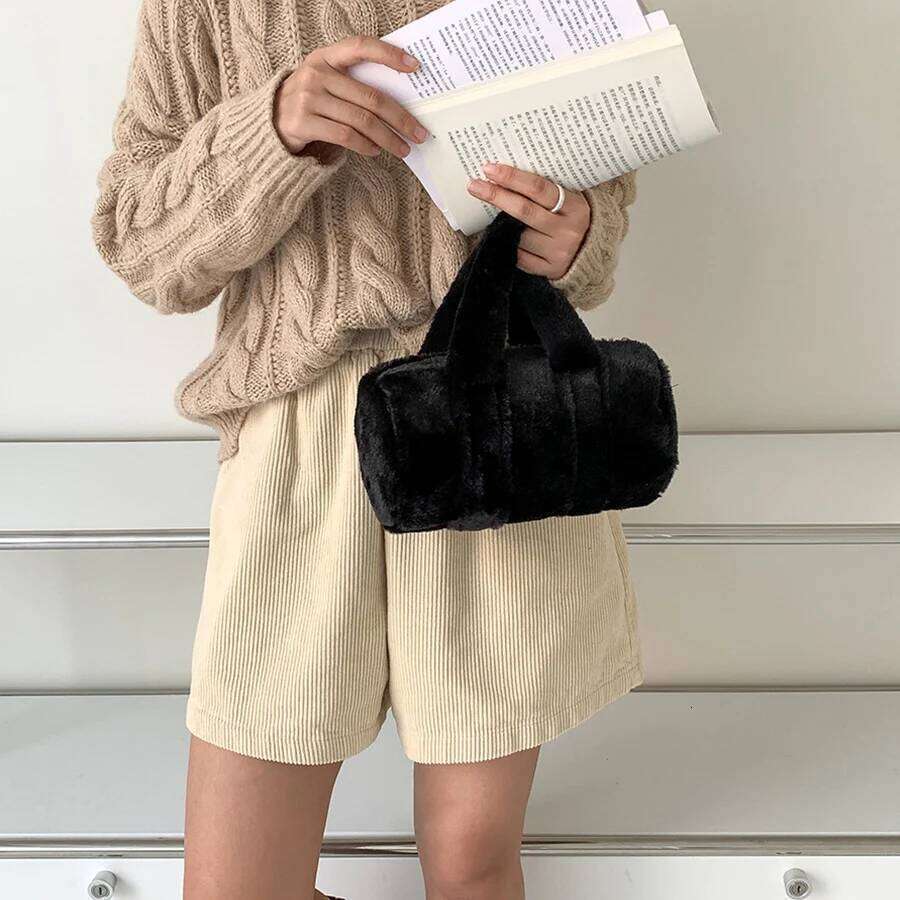 Autumn/Winter Cylinder Handbag Female Ins Fashion Boston Hand Plush Bag Stylish Soild Color Clutch Purse Bolso Mujer Sac A Main