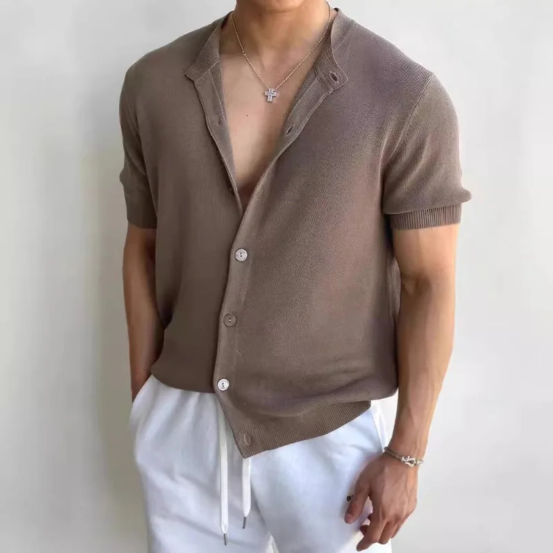 y Men Knitted Cardigan Short Sleeve Summer Thin Singlebreasted Knit Sweater Breathable Ice Silk Tshirt Outerwear 250617