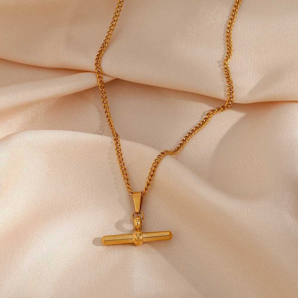 E.B.belle Stainless Steel 18K Gold Plated Minimalist Design T Bar Pendant Necklace For Women Girls Ladies Gold Jewelry W250618
