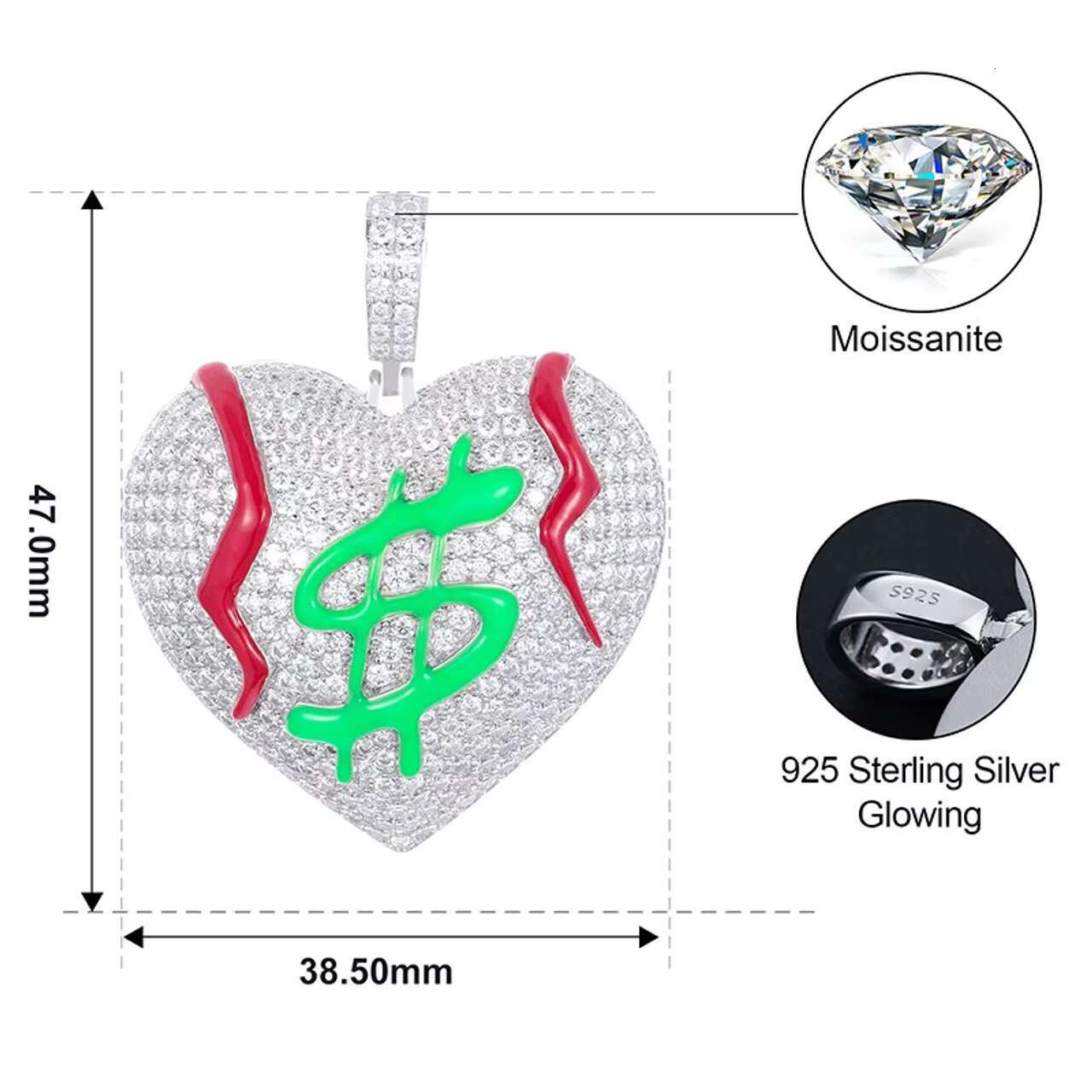 New Design Sterling Silver Hip Hop Pendant Necklace Broke Heart with Dollar Sign VVS Moissanite Diamond for Men and Women