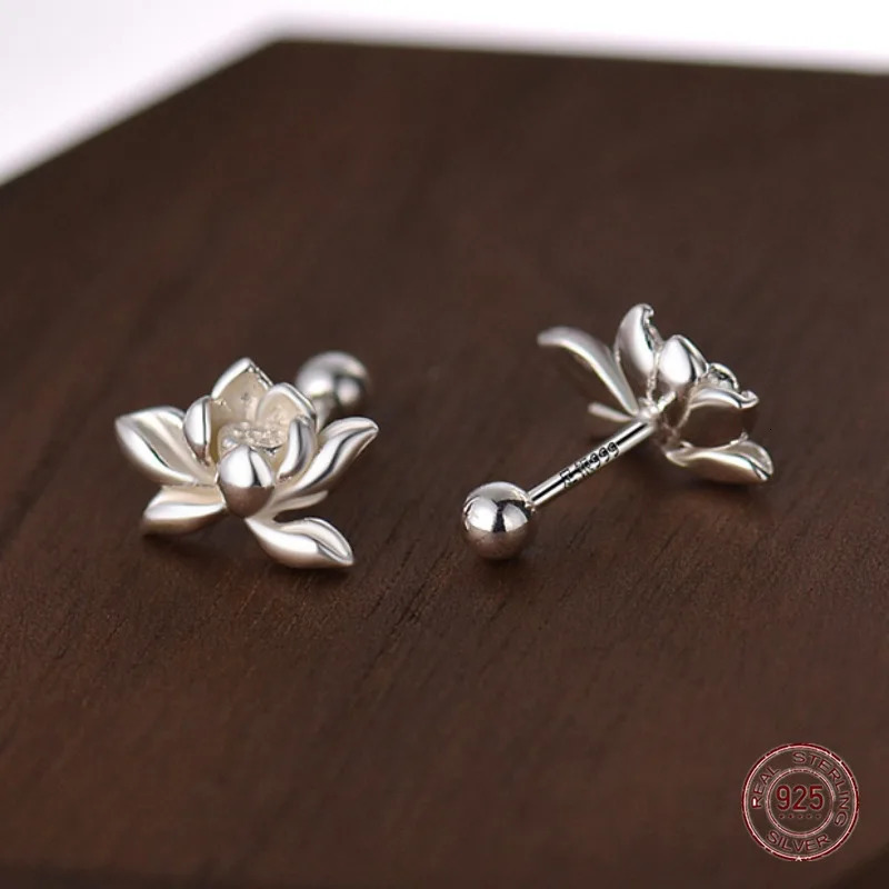 925 Sterling Silver Lotu Flower Stud Earrings for Women Vintage Plant Mini Korean Fashion Earring Piercing Jewelry 250618