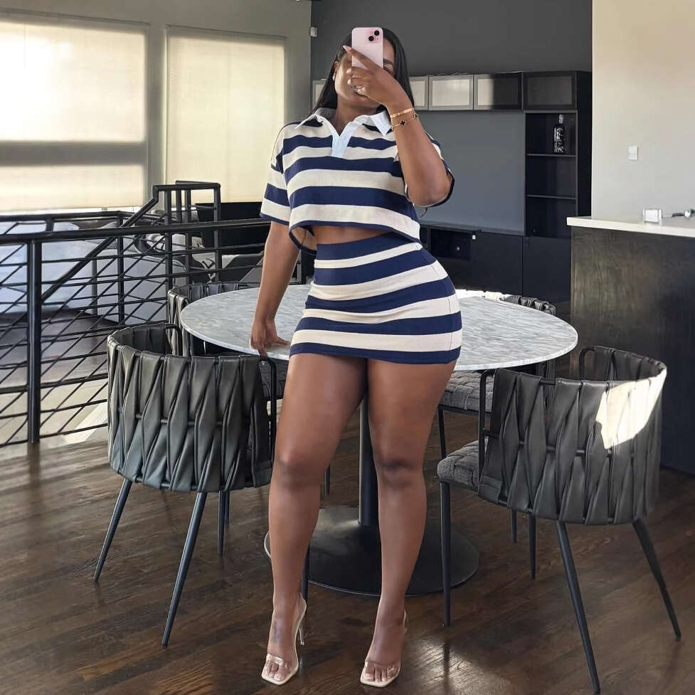 New Fashion Striped Color-Block Short Crop Top With Long Sleeves And Turn-Down Collar, Bodycon Skirt Set B5