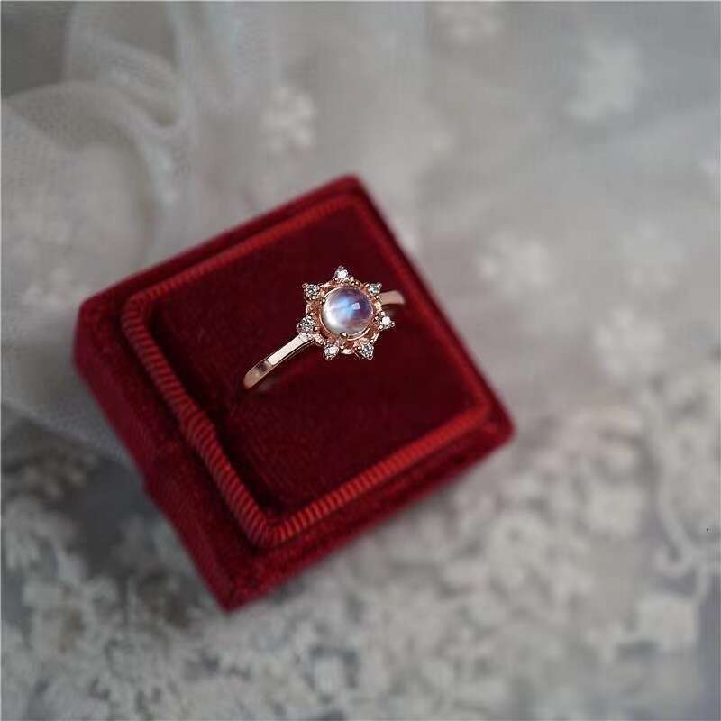 New Natural Moonstone Snowflake Open Ring Women Shiny Crystal Rose Gold Birthday Gift for Her