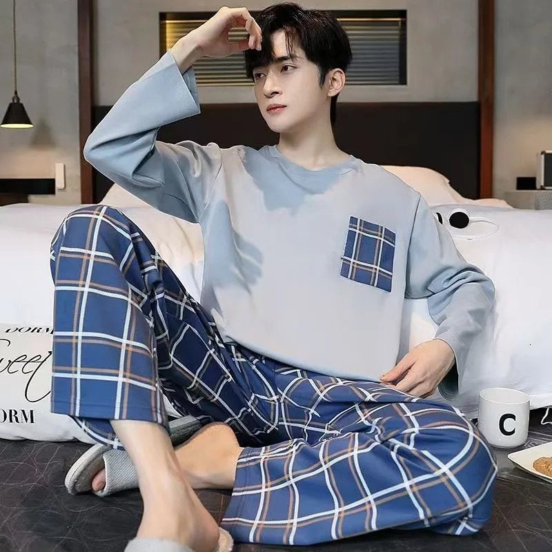Men Pajama Set Simple Loose Breathable Cotton Pajamas Round Neck Student Loungewear Plaid Striped Trousers Can Be Worn Outside 250618