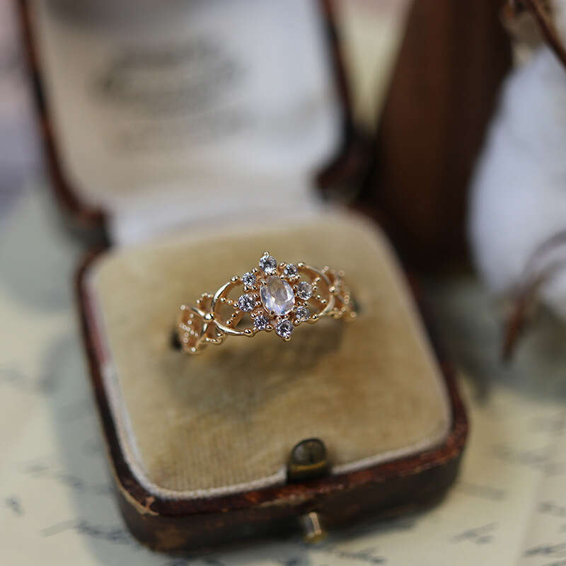 New Christmas Ring First Snow Crystal Moonstone Grid Lace Hollow Gold Plated Niche Design Ins
