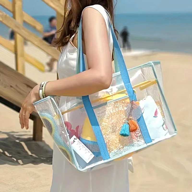 Large Capacity Pvc Waterproof Beach Shoder Bag For Wen Girl Transparent Mesh Hollow Tote Bag Outdoor Swimming Shower Handbag B250618
