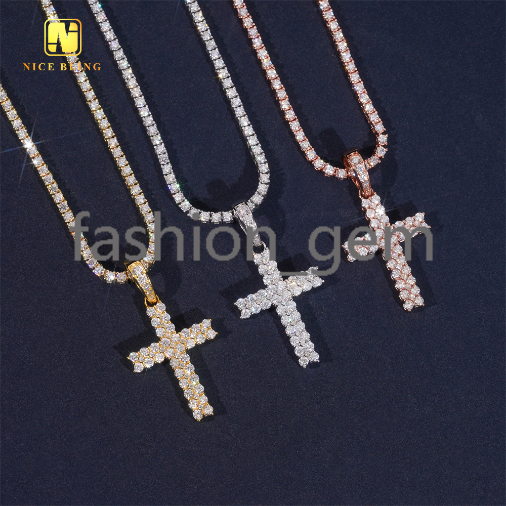 New Two Row Small Cross Pendant Moissanite Pendant Pass Diamond Tester Hip Hop Iced Out Pendant Religious Jewelry