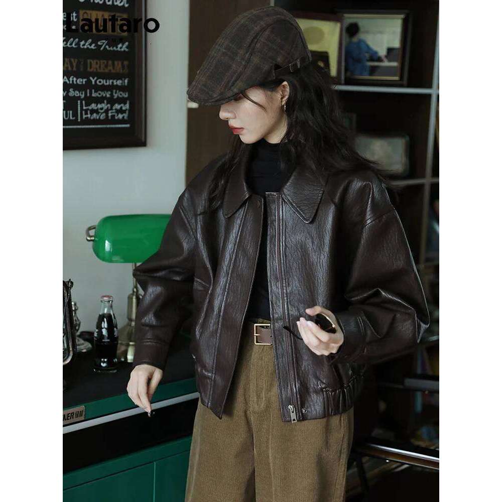 Lautaro Spring Autumn Cool Handsome Short Brown Hard Pu Leather Jacket Women Zipper Long Sleeve Designer Clothes