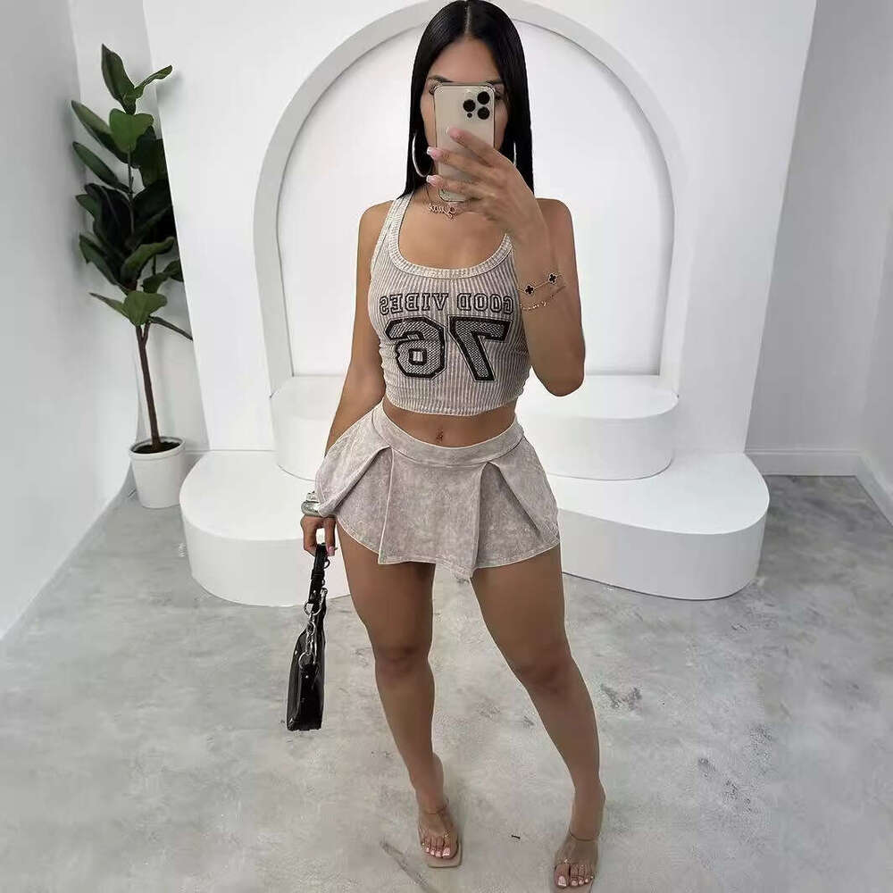 Summer New Letter Ribbed Tight-Fitting Spicy Girl Short Vest Top Pleated Skirt Set B5