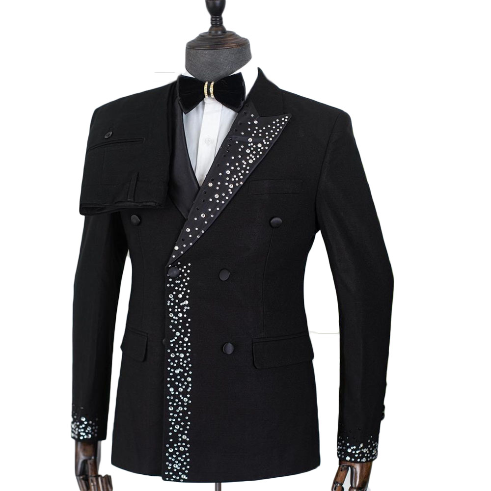 Modern Men Suits Peaked Lapel Tailor-Made 2 Pieces Set Jacket Blazer Rhinestone Double Breasted Groom Customized Coat Black Pants Plus Size