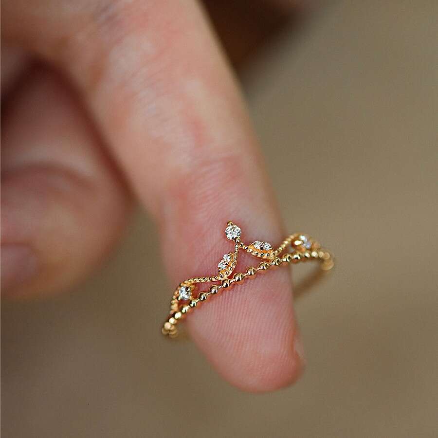 French Micro Paved Zircon for Women Princess Palace Style Light Luxury Crown Open Versatile Ring
