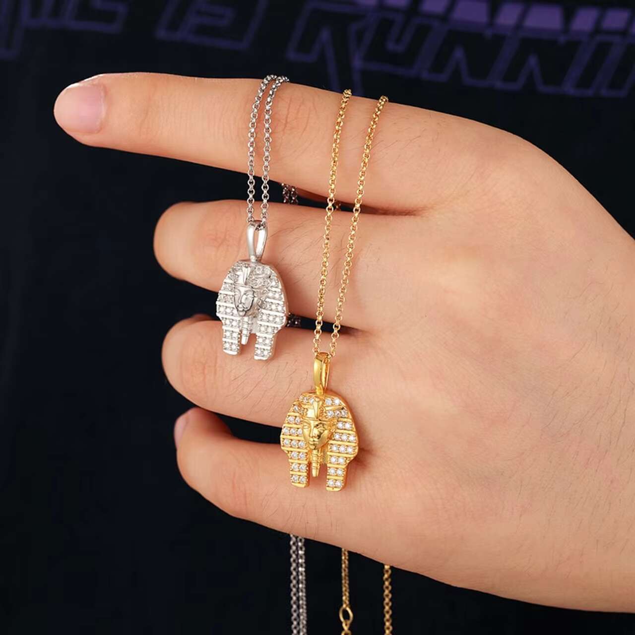 Luxury Ancient Egyptian Pharaoh King Hip Hop Style Chain Necklace with Moissanite Pendants Charms