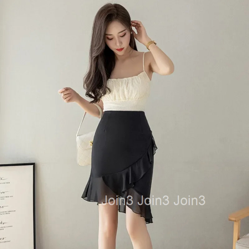 Mini Chiffon Wrap Short Woman Skirt Tight Patchwork Skirts for Women Black Cute Ruffle Kawaii Y2k Vintage Premium Aesthetic V