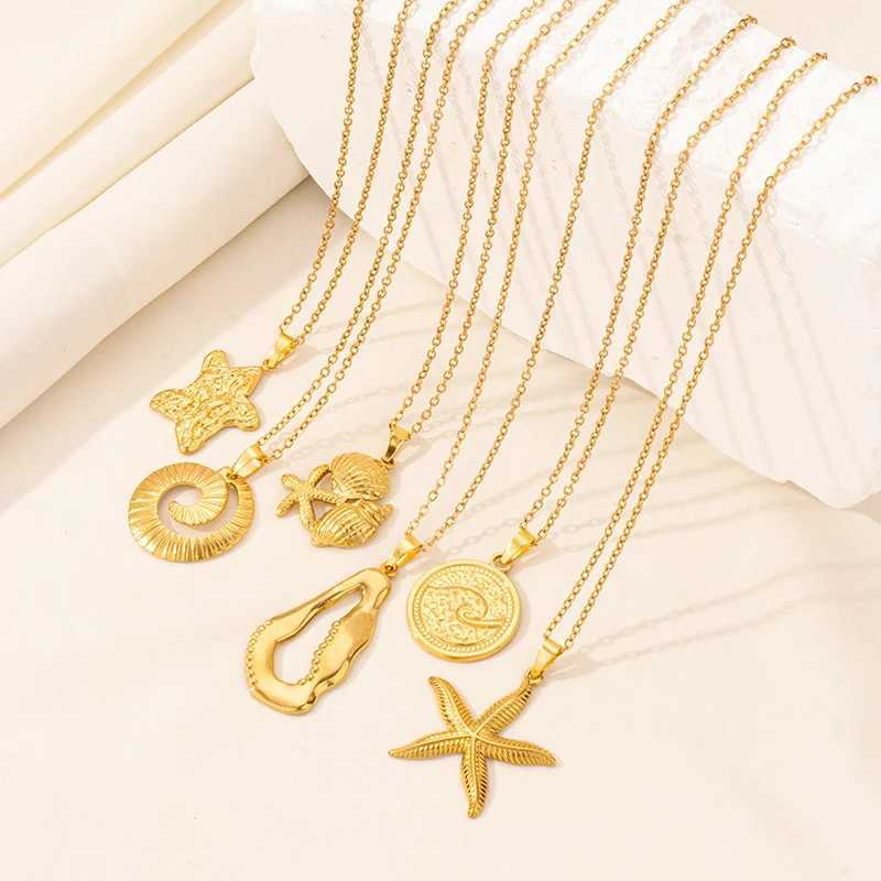 1Pc Stainless Steel Textured Starfish Conch Shell Pendant Women Necklaces Sea Animal Seahorse Shark Men Grunge Collares Jewelry W250618