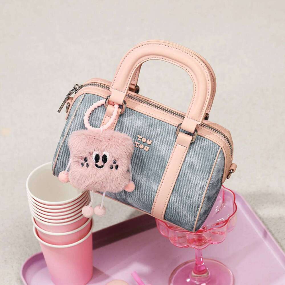 TOUTOU Bowling Bag Women Blue PU Leather Boston Shoulder Crossbody Handbag With Pendent Original Valentine's Gift For Girl