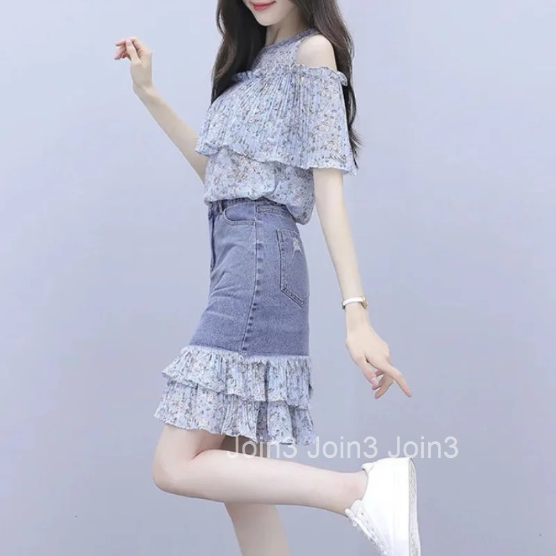 Short Sleeve Skirt Womens Two Piece Set Kawaii Female Outfits Printing Denim Chic and Elegant Jacket Full Summer Fashion 2025