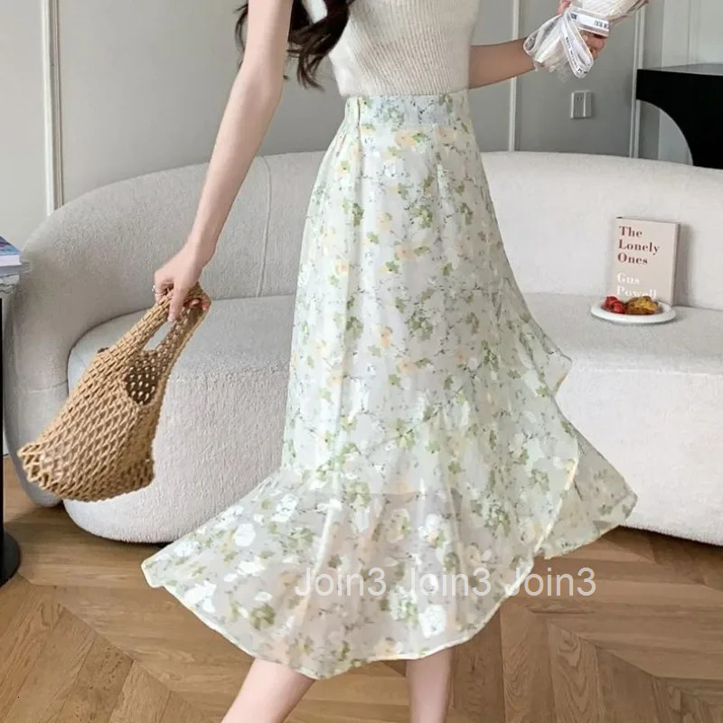 Woman Skirt Ruffle Floral Chiffon Midi Korean Style Clothing Trend 2025 Vintage Sales V Y2k Cheap Modest Summer Skirts for Women