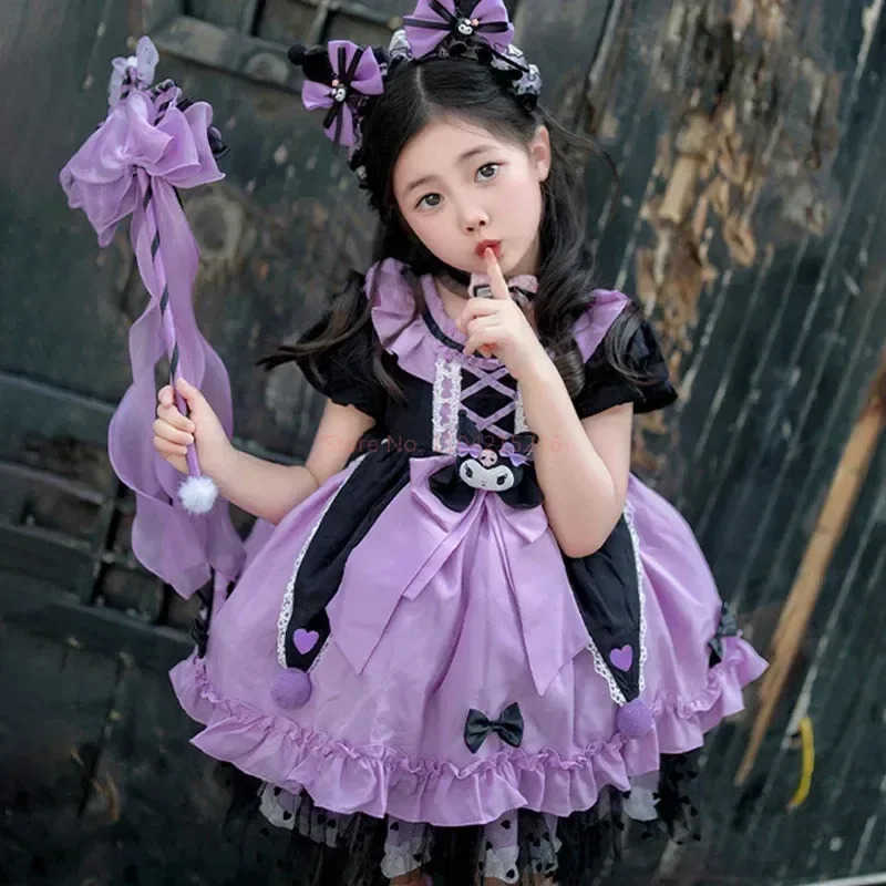 Sanrio 2024 Sanrio Cosplay Kuromi Lolita Princess Dress Summer Childrens Costume Dress Puffy Skirt Suit Cute Girl Birthday Kawaii Gift XJ250618