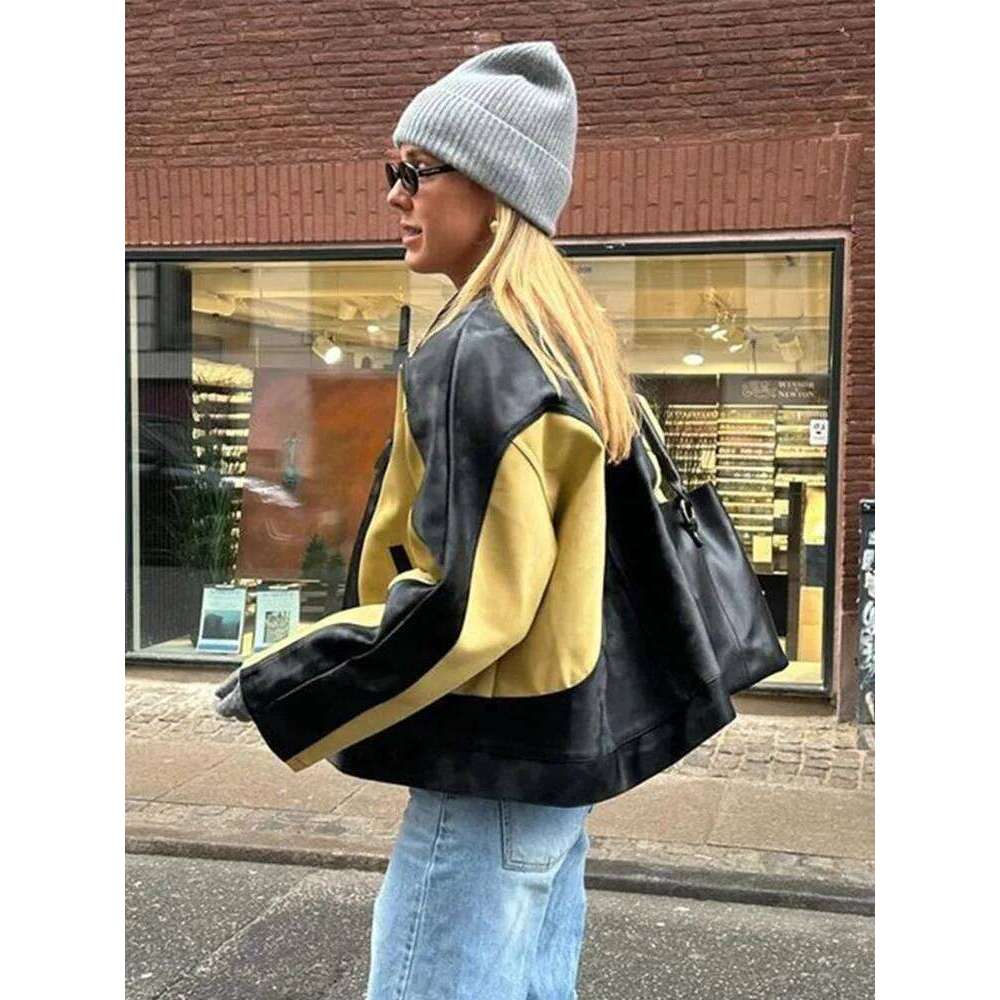 Vintage Contrast Patchwork Women's Leather Jackets O Neck Long Sleeves Zipper Female Motorcycles Coat 2024 Autumn Lady Outwear