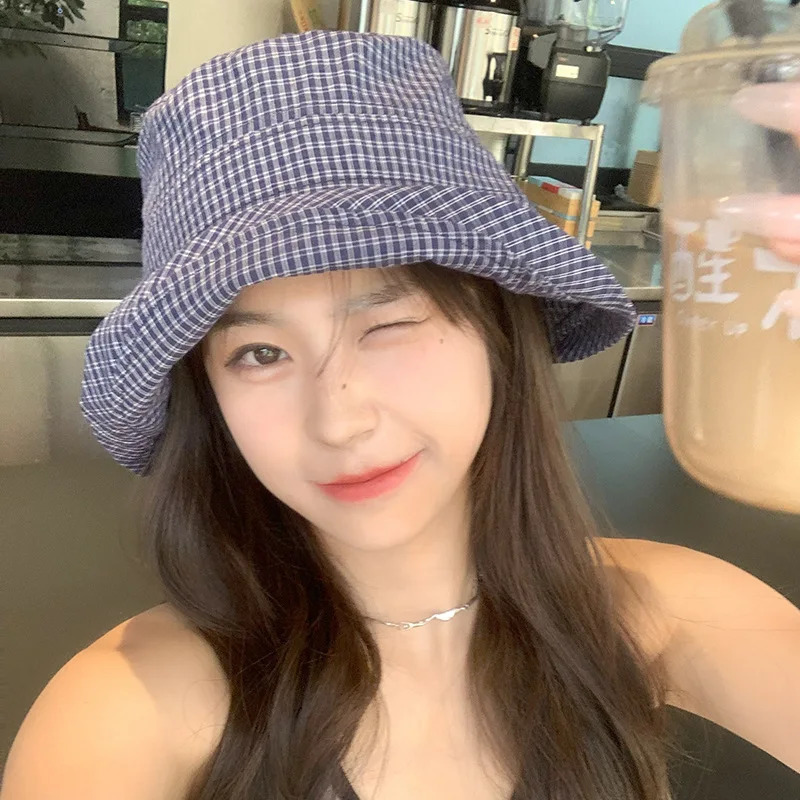 Japanese Style Fisherman Hat Women Summer Check Pattern Rolled Brim Wide Brim Face Slimming Bucket Hat Sun Protection 250618
