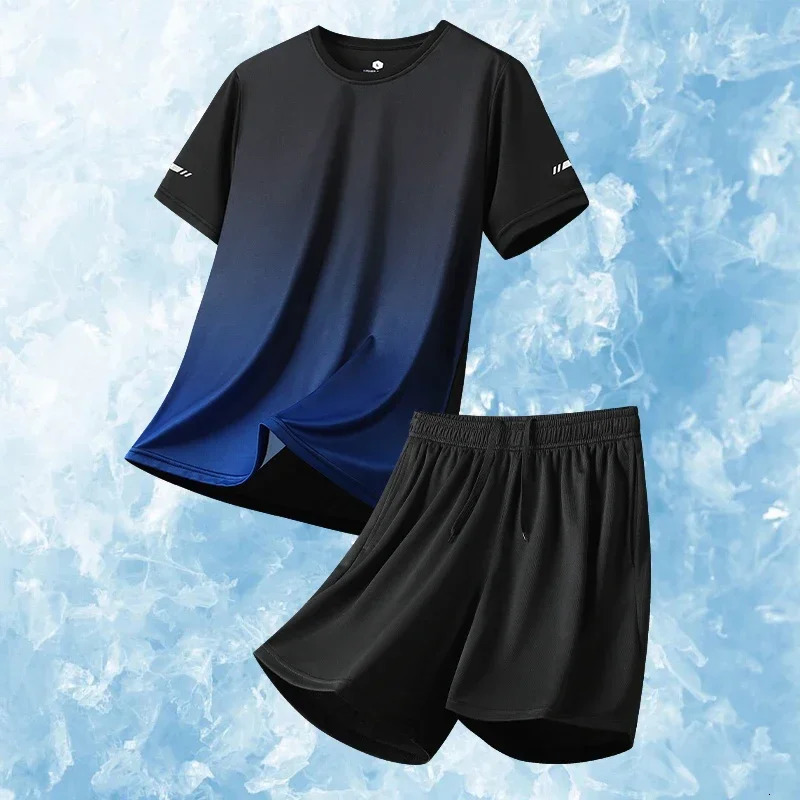 Men Running Fitness Thin Short 2-piece Set Summer Ice Silk Gradient Tracksuit Men Sports Suit Short Sleeve T Shirt Shorts Sets 250617